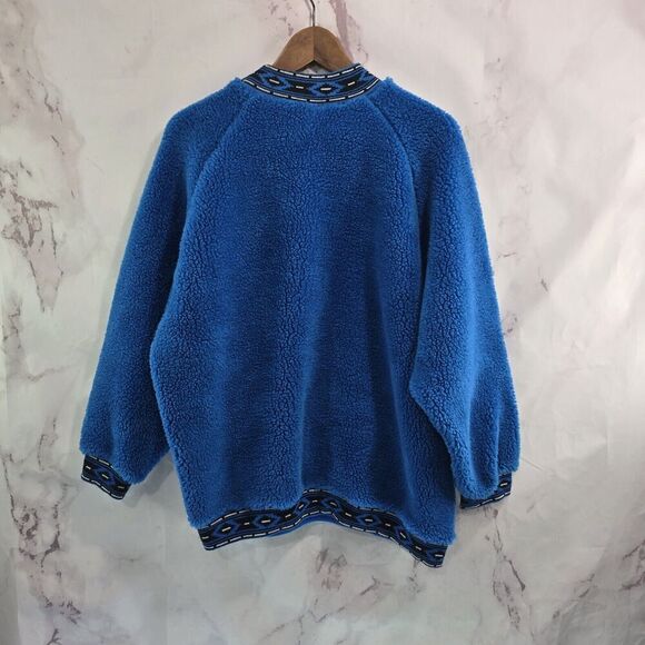 Vintage Sweater Mens Large Blue Black Crew 90s 80s Teddy Sherpa Fuzzy Faux - Picture 5 of 12